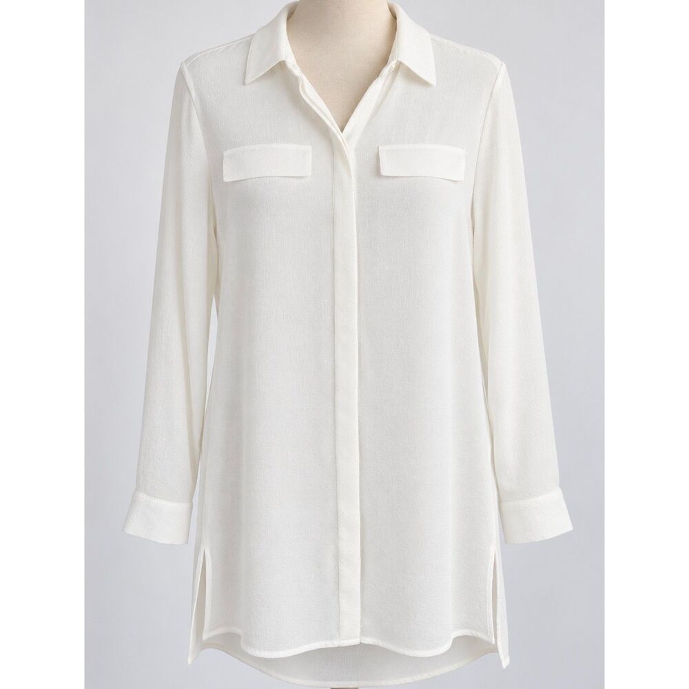 Chico’s White Tunic Blouse Women’s 0 (US 4) Long Sleeve Button Front Roll Tab